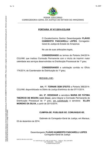 Portaria nº411/2014-CGJ/AM (Torna sem efeito a Portaria nº 388/2014-CGJ/AM)
