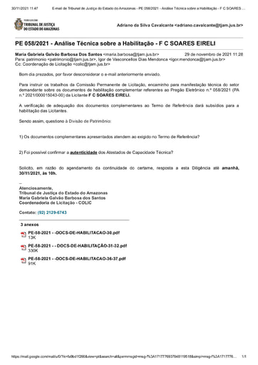 PREGÃO ELETRÔNICO Nº 58/2021 - DILIGÊNCIA COLIC À DIVISÃO DE PATRIMÔNIO - HABILITAÇÃO - F C SOARES