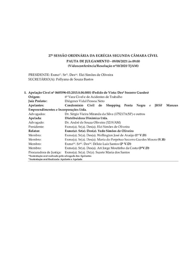 Pauta de Julgamento da Sessão Ordinária da Segunda Câmara Cível - 09.08.2021 (Videoconferência)