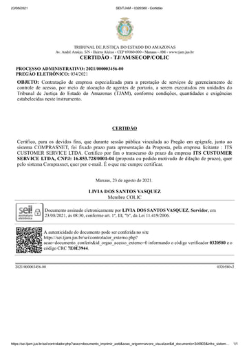 PREGÃO ELETRÔNICO Nº 034/2021 – CERTIDÃO DECURSO DE PRAZO - ITS CUSTOMER