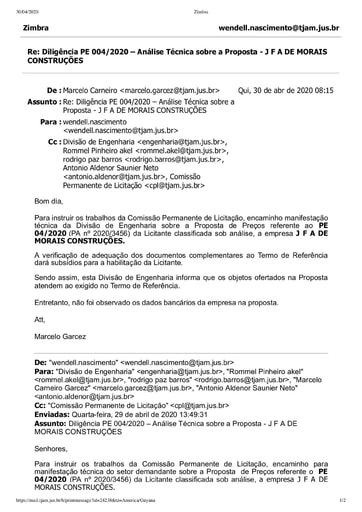 PREGÃO ELETRÔNICO Nº 004/2020 – DILIGÊNCIA CPL À DIVISÃO DE ENGENHARIA - PROPOSTA - J F A DE MORAIS CONTRUÇÕES