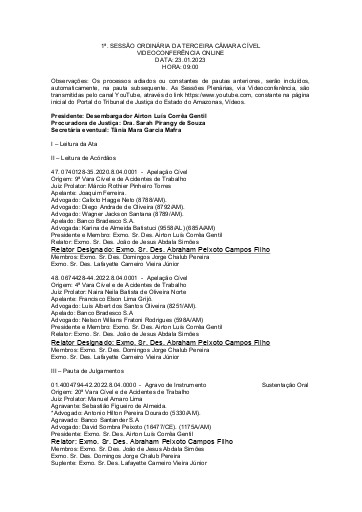 1a Sessão Ordinária da Terceira Câmara Cível - VIDEOCONFERÊNCIA ONLINE - Data 23.01.2023 Hora: 9 Horas