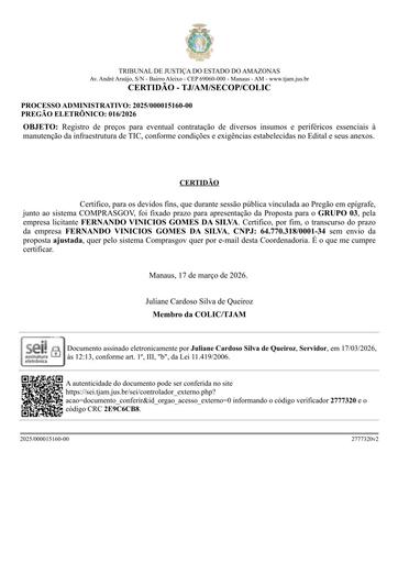 PREGÃO ELETRÔNICO Nº 016/2026 - CERTIDÃO DE DECURSO DE PRAZO -  FERNANDO VINICIOS GOMES DA SILVA - GRUPO 3