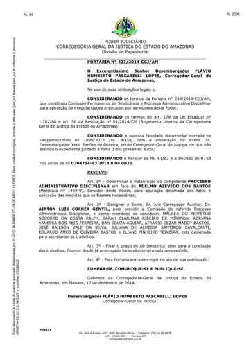 Portaria nº427/2014-CGJ/AM (Instaura Procedimento Administrativo Disciplinar - PAD; Processo nº 0204754-93.2013.8.04.0022)