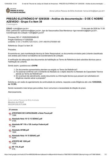 PREGÃO ELETRÔNICO Nº 029/2026 - DILIGÊNCIA COLIC À DVPM - DOCUMENTAÇÃO - D DE C NOBRE AZEVEDO - GRUPO 5 e ITEM 39