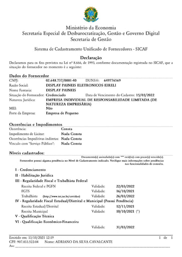 PREGÃO ELETRÔNICO Nº 46/2021 - HABILITAÇÃO - SICAF E CNDT - ITENS 6 E 8 - DISPLAY