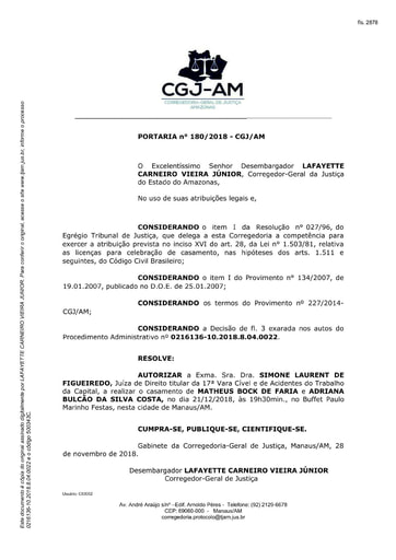 Portaria nº180/2018-CGJ/AM (Autoriza a Dra. Simone Laurent de Figueiredo a realizar o casamento no dia 21/12/2018)