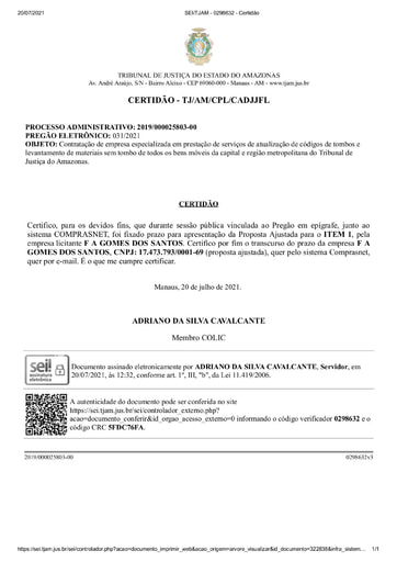 PREGÃO ELETRÔNICO Nº 031/2021 - CERTIDÃO DE DECURSO DE PRAZO - F A GOMES DOS SANTOS