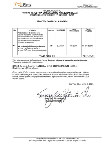 PREGÃO ELETRÔNICO Nº 021/2021 - PROPOSTA RETIFICADA - TONNY ERIC