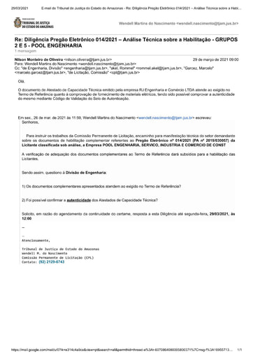 PREGÃO ELETRÔNICO Nº 014/2021 – DILIGÊNCIA CPL À DIVISÃO DE ENGENHARIA - DOCUMENTAÇÃO - GRUPOS 2 E 5 - POOL ENGENHARIA