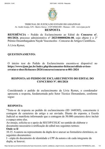 CONCURSO DE ARTIGO CIENTÍFICO Nº 001/2024 - RESPOSTA AO PEDIDO DE ESCLARECIMENTO - LIVIA RYMER