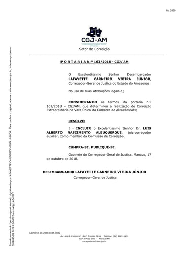 Portaria nº163/2018-CGJ/AM (Inclui o Exmo. Dr. Luis Alberto Nascimento Albuquerque como membro da Comissão de Correição)