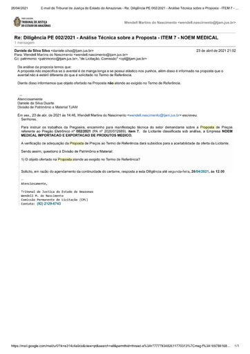 PREGÃO ELETRÔNICO Nº 002/2021 – DILIGÊNCIA CPL À DIVISÃO DE PATRIMÔNIO - PROPOSTA - ITEM 7 - NOEM MEDICAL