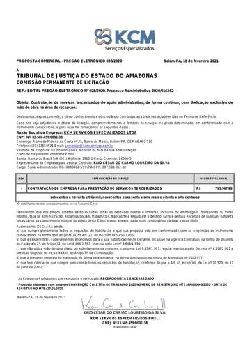 PREGÃO ELETRÔNICO Nº 028/2020 - PROPOSTA RETIFICADA 2 - KCM SERVIÇOS