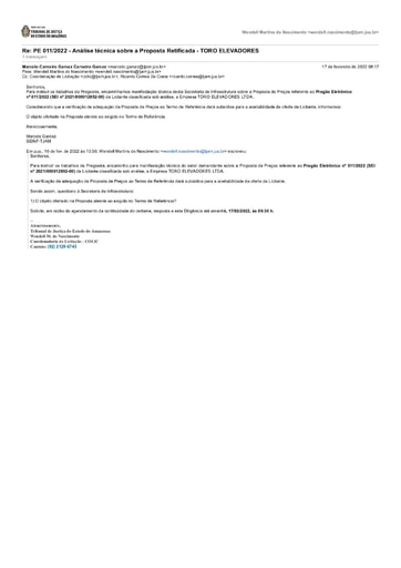 PREGÃO ELETRÔNICO Nº 011/2022 - DILIGÊNCIA COLIC À SEINF - PROPOSTA RETIFICADA E CATÁLOGOS - TORO ELEVADORES