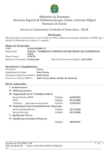 PREGÃO ELETRÔNICO Nº 024/2020 - HABILITAÇÃO - SICAF E CNDT - ITACOL