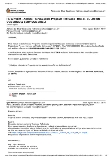 PREGÃO ELETRÔNICO Nº 037/2021 – DILIGÊNCIA CPL À DIVISÃO DE PATRIMÔNIO - PROPOSTA RETIFICADA - ITEM 8 - SOLUTION