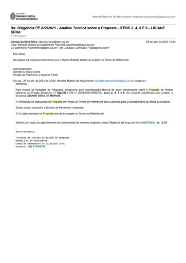 PREGÃO ELETRÔNICO Nº 022/2021 – DILIGÊNCIA CPL À DIVISÃO DE PATRIMÔNIO - PROPOSTA - ITENS 2, 4, 5 E 6 - LIDIANE SENA