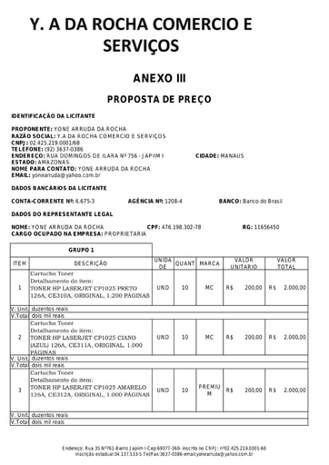 PREGÃO ELETRÔNICO Nº 032/2020 - PROPOSTA - GRUPO 1 - Y A DA ROCHA