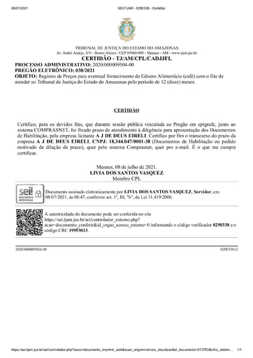 PREGÃO ELETRÔNICO Nº 030/2021 - CERTIDÃO DECURSO DE PRAZO - A J DE DEUS