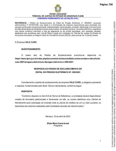 PREGÃO ELETRÔNICO Nº 009/2021 - RESPOSTA AO PEDIDO DE ESCLARECIMENTO - VALE CARD