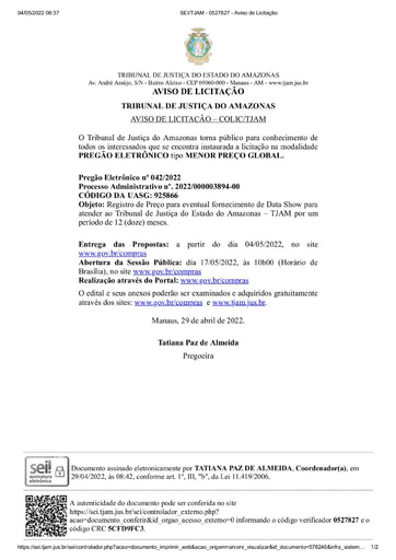 PREGÃO ELETRÔNICO Nº 042/2022 - AVISO DE LICITAÇÃO