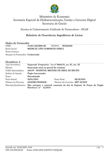 PREGÃO ELETRÔNICO Nº 002/2021 – SUSPENSÃO - MEDICAL LIFE