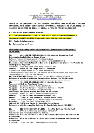 PAUTA DE JULGAMENTOS DO DIA 12 05 2021
