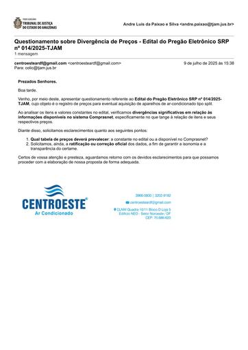 PREGÃO Nº 014/2025 - PEDIDO DE ESCLARECIMENTO - CENTROESTE