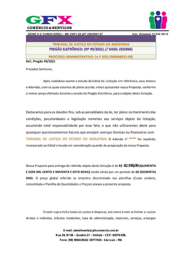 PREGÃO ELETRÔNICO Nº 49/2021 - PROPOSTA - ITENS 1 - GEINE