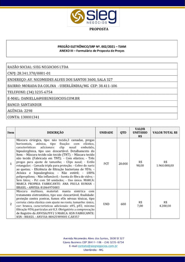 PREGÃO ELETRÔNICO Nº 002/2021 - PROPOSTA - ITEM 2 - SIEG NEGÓCIOS