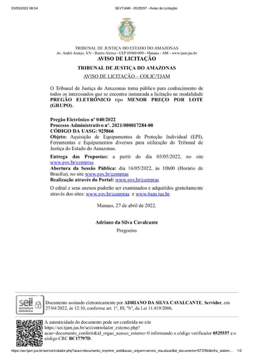 PREGÃO ELETRÔNICO Nº 040/2022 - AVISO DE LICITAÇÃO
