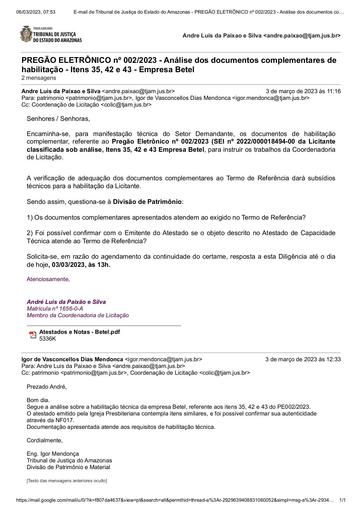 PREGÃO ELETRÔNICO Nº 002/2023 - DILIGÊNCIA COLIC À DVPM - HABILITAÇÃO - ITENS 35, 42 E 43 - BETEL