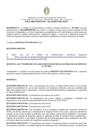 PREGÃO ELETRÔNICO Nº 027/2022 - RESPOSTA AO 3° PEDIDO DE ESCLARECIMENTO - POSITIVO