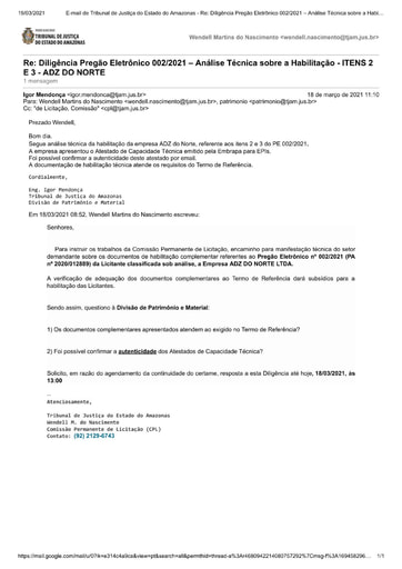 PREGÃO ELETRÔNICO Nº 002/20201 – DILIGÊNCIA CPL À DIVISÃO DE PATRIMÔNIO E MATERIAL - DOCUMENTAÇÃO - ITEM 3 - ADZ DO NORTE