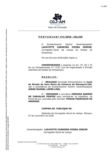 Portaria nº171/2018-CGJ/AM (Realiza Correição Extraordinária no Juízo de Direito da Vara Única da Comarca de Manaquiri/AM)