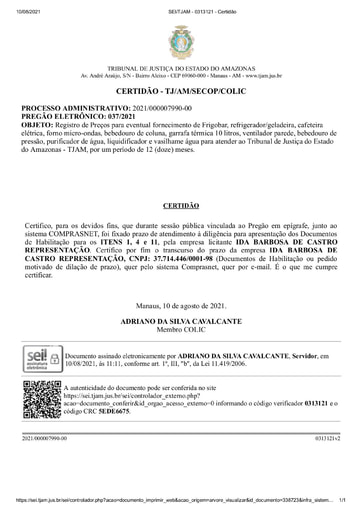 PREGÃO ELETRÔNICO Nº 037/2021 - CERTIDÃO DECURSO DE PRAZO - ITENS 1, 4 E 11 - IDA