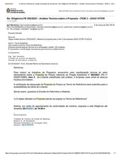 PREGÃO ELETRÔNICO Nº 002/2021 – DILIGÊNCIA CPL À DIVISÃO DE PATRIMÔNIO E MATERIAL - PROPOSTA - ITEM 3 - JOÃO VITOR