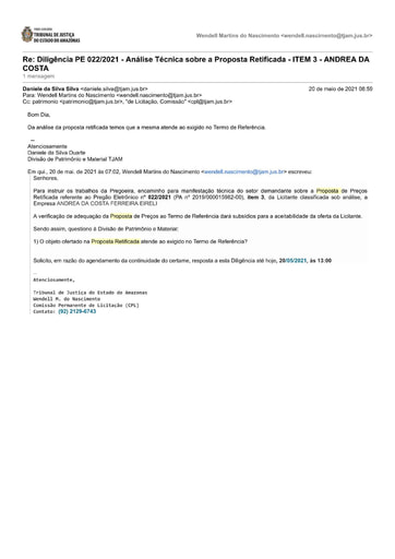 PREGÃO ELETRÔNICO Nº 022/2021 – DILIGÊNCIA CPL À DIVISÃO DE PATRIMÔNIO - PROPOSTA RETIFICADA - ITEM 3 - ANDREA DA COSTA