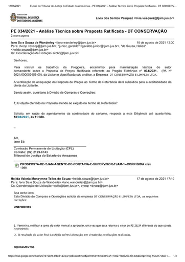 PREGÃO ELETRÔNICO Nº 034/2021 – DILIGÊNCIA CPL À DIVISÃO DE COMPRAS - PROPOSTA RETIFICADA - DT CONSERVAÇÃO