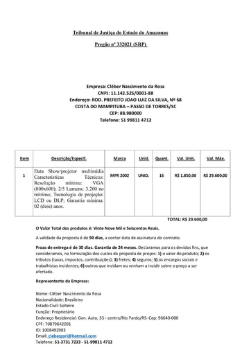 PREGÃO ELETRÔNICO Nº 033/2021 - PROPOSTA - CLEBER NASCIMENTO