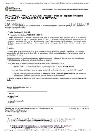 PREGÃO ELETRÔNICO Nº 031/2026 - DILIGÊNCIA COLIC À SETIC - PROPOSTA RETIFICADA 2 - FRANCINEIDE GOMES SANTOS PAMPONET LTDA