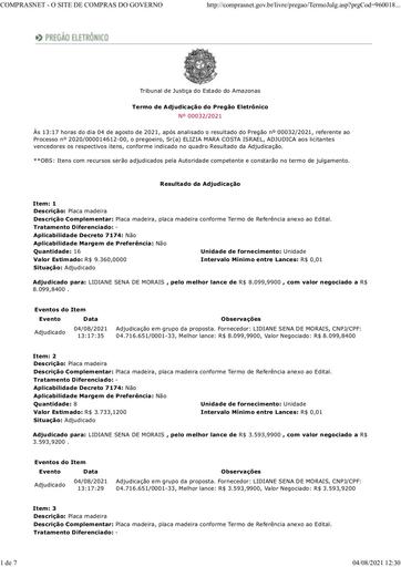 PREGÃO ELETRÔNICO Nº 032/2021 – TERMO DE ADJUDICAÇÃO