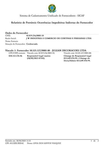 PREGÃO ELETRÔNICO Nº 006/2024 - IMPEDIMENTO INDIRETO - J W INDUSTRIA
