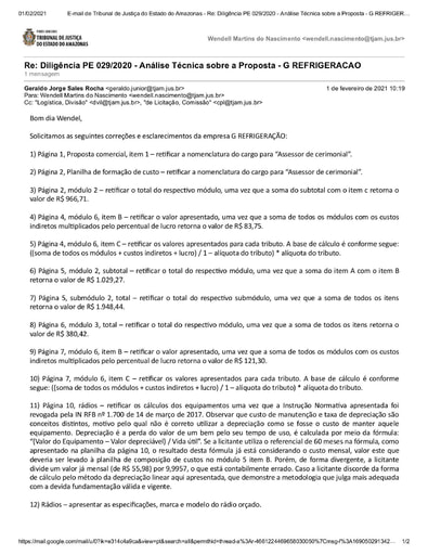 PREGÃO ELETRÔNICO Nº 029/2020 - DILIGÊNCIA CPL À DIVISÃO DE INFRAESTRUTURA E LOGÍSTICA - PROPOSTA - G REFRIGERAÇÃO