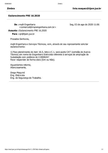 PREGÃO ELETRÔNICO Nº 016/2020 - PEDIDO DE ESCLARECIMENTO - MQN ENGENHARIA