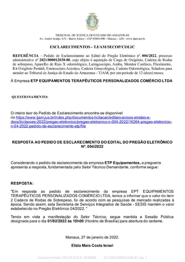 PREGÃO ELETRÔNICO Nº 04/2022 - RESPOSTA AO PEDIDO DE ESCLARECIMENTO - ETP