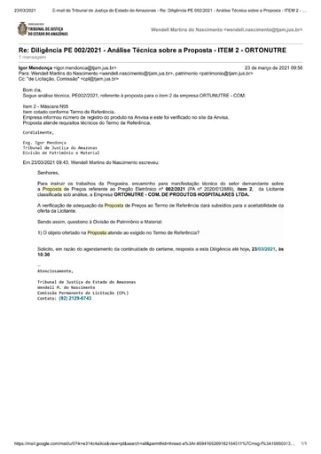 PREGÃO ELETRÔNICO Nº 002/2021 – DILIGÊNCIA CPL À DIVISÃO DE PATRIMÔNIO E MATERIAL - PROPOSTA - ITEM 2 - ORTONUTRE