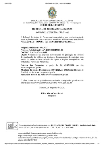 PREGÃO ELETRÔNICO Nº 031/2021 - AVISO DE LICITAÇÃO