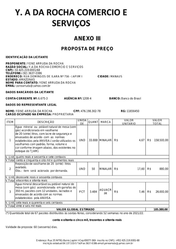 PREGÃO ELETRÔNICO Nº 017/2021 - PROPOSTA RETIFICADA 2 - Y A DA ROCHA